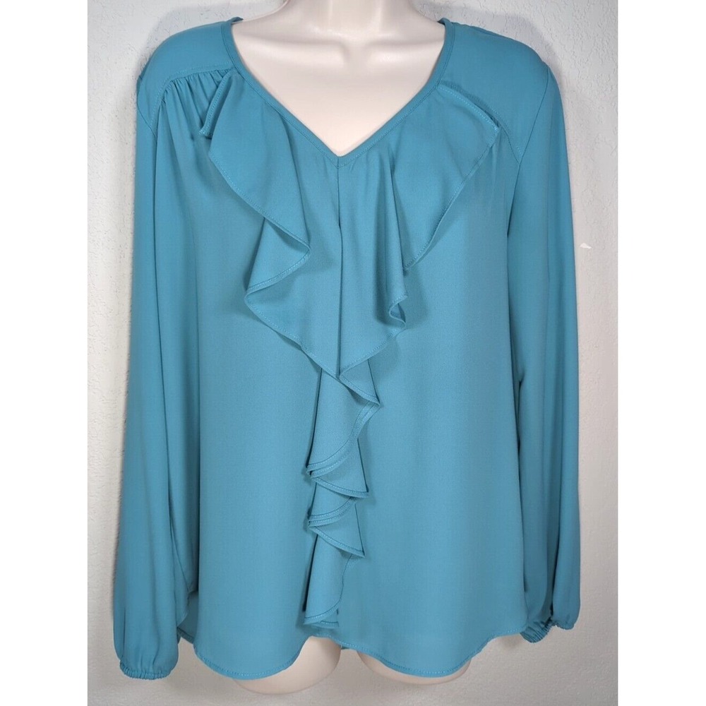 Karen Kane Green Blouse Top Sheer Ruffle Front V Neck Long Sleeve Size Small
